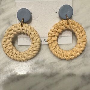 Straw Woven Hoop Drop Earrings with Blue Stud